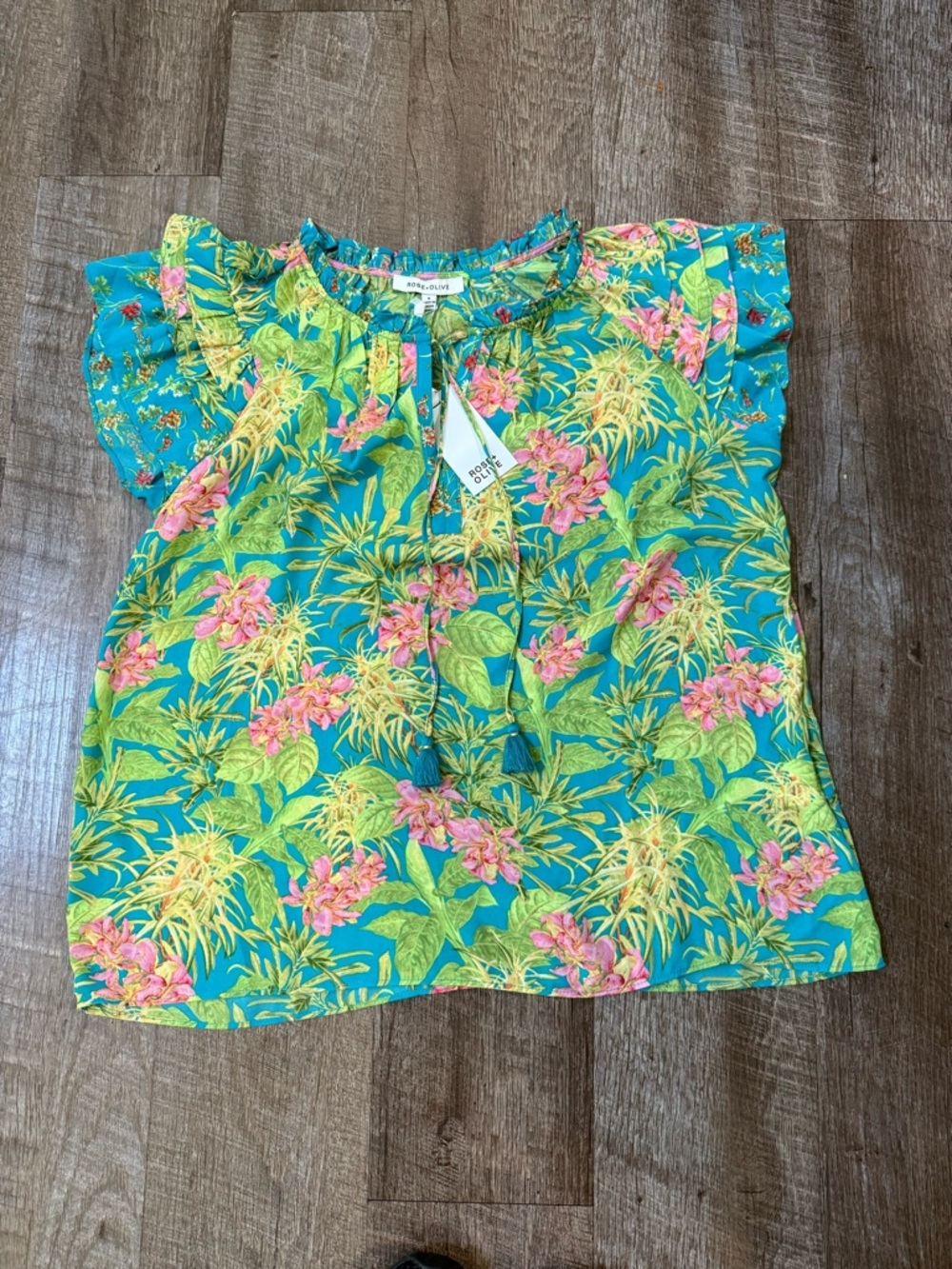 Rose & Olive Aqua Tropical Floral Tassel V-Neck Blouse - Picture 7 of 14